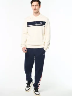 Damarindo Long Sleeve Knit Polo- Gardenia/ Maritime Blue