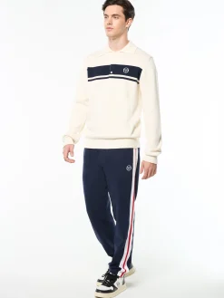 Damarindo Long Sleeve Knit Polo- Gardenia/ Maritime Blue