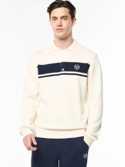 Damarindo Long Sleeve Knit Polo- Gardenia/ Maritime Blue