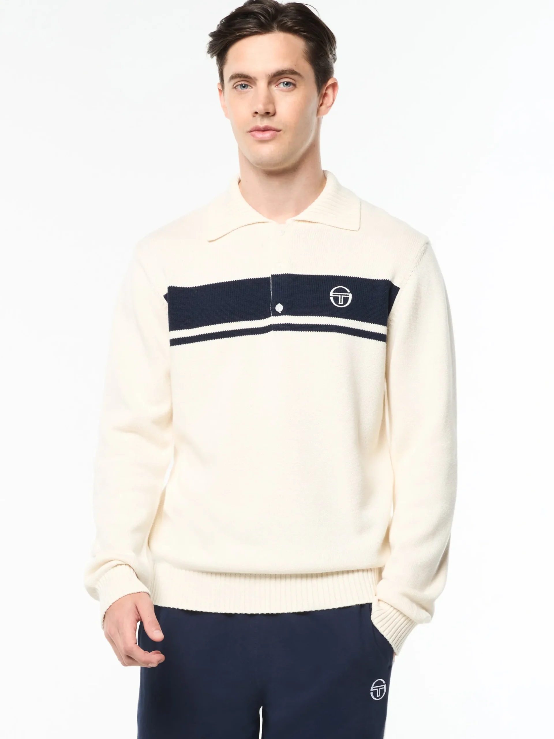 Damarindo Long Sleeve Knit Polo- Gardenia/ Maritime Blue